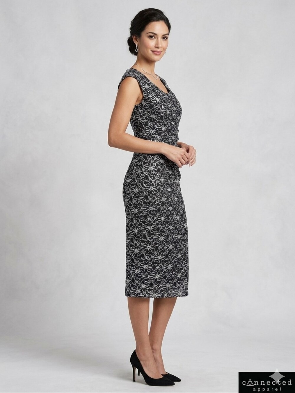 Connected Apparel Sequin Lace Cocktail Sheath Dress Black Silver 6